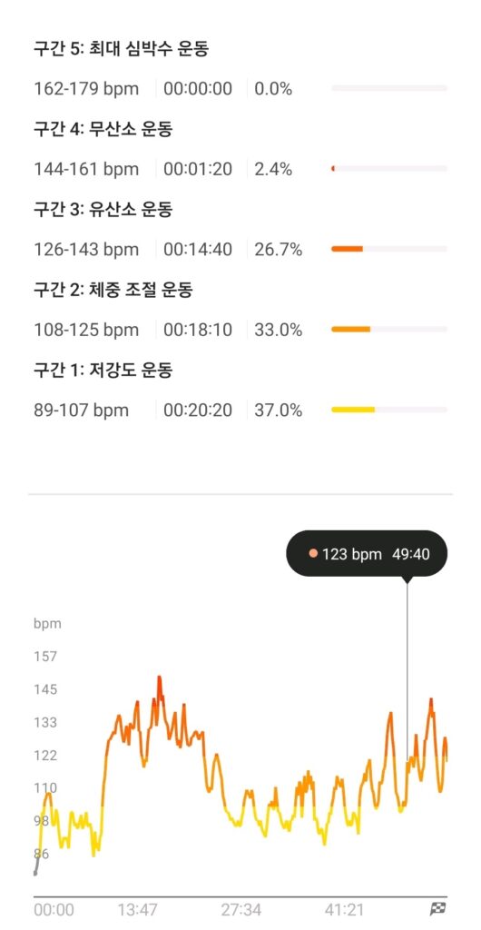 유산소 운동 스마트 워치 운동 강도 예시