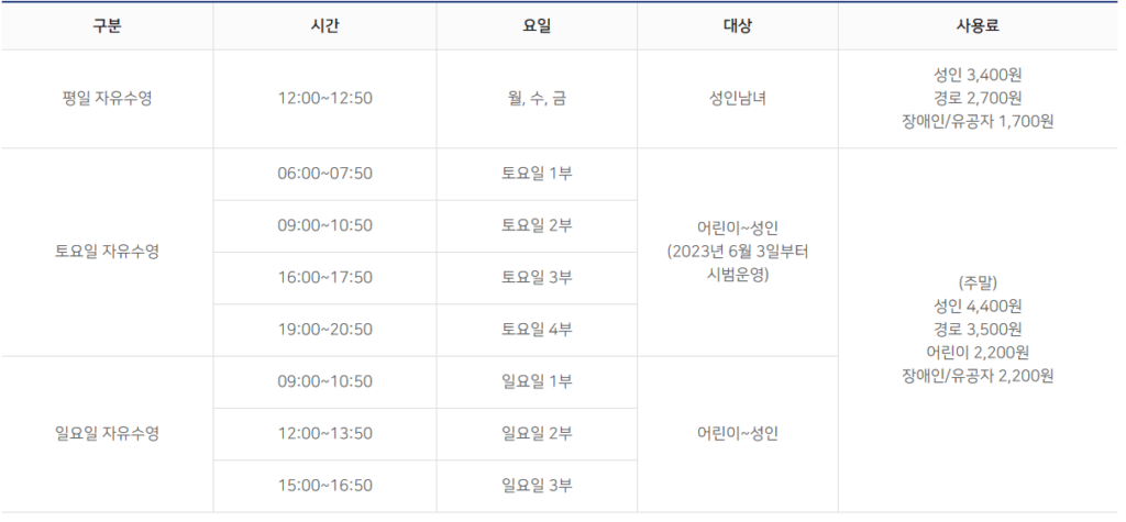 관악구 실내 수영장 _ 관악구민 체육센터 자유수영 이용표