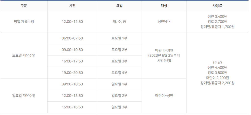 관악구 실내 수영장 _ 신림체육센터 자유수영 이용표