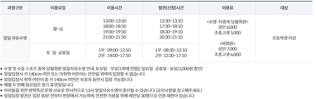 송파구 실내 수영장 - 자유수영 이용표